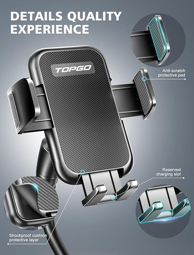 TOPGO Cup Phone Holder for Car [2025 Upgraded Ultra-Sturdy & Non-Shaking] Car Phone Mount with Adjustable Long Gooseneck Cell Phone Automobile Cradles for iPhone 16 Pro Max and More Smartphone - Black