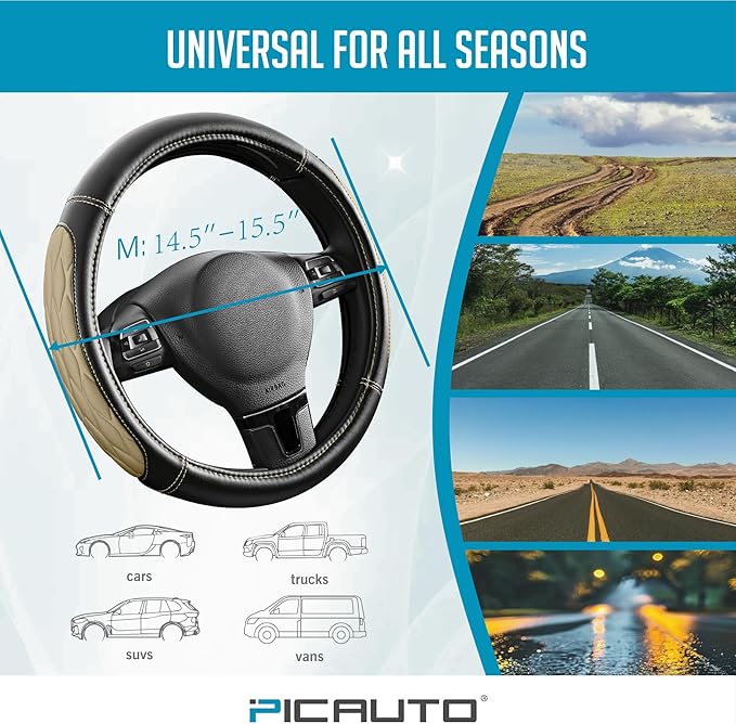 PIC AUTO Steering Wheel Cover, Beige Thick Rhombic Foam and Premium Leather, Universal 14.5-15.5 Inch Breathable Anti-Slip Steering Wheels Accessories for Men & Women