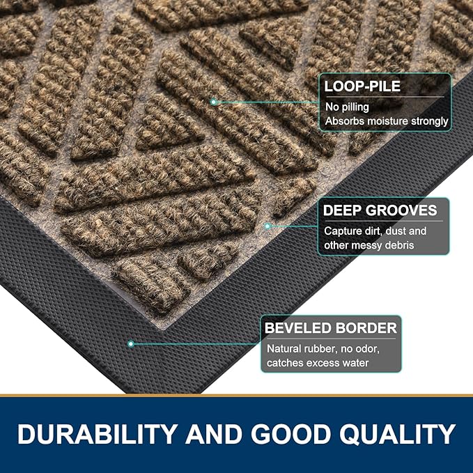 Smiry Front Door Mat Outside Entrance, Heavy Duty Sturdy Natural Rubber Doormat, Trap Dirt and Moisture, Easy Clean Low Profile Mats for Indoor Outdoor Entry, Grid Geometric (29.5x17, Brown)
