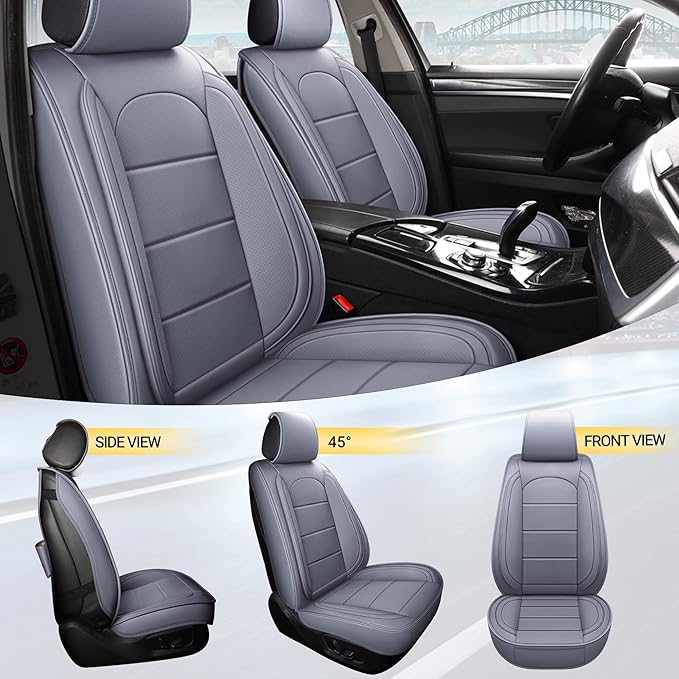 AOOG Leather Car Seat Covers with Car Backseat Organizer, Universal fit Automotive Vehicle Most Sedan SUV Pick-up Truck (Full Set, Grey)