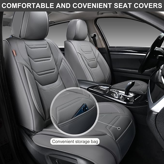 Leather Car Seat Covers Full Set with Lumbar Support, Breathable and Waterproof Car Seat Cover, Universal Seat Covers for Cars, Trucks, SUVs, Sedans, Airbag Compatible, Gray