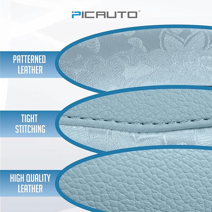 PIC AUTO Steering Wheel Cover, Light Blue Patterned Leather Patchwork Design, Universal Fit 14.5"–15.5", Anti-Slip, Odor-Free, Soft PU Grain Leather, Durable Grip Car Accessory for Girls & Women