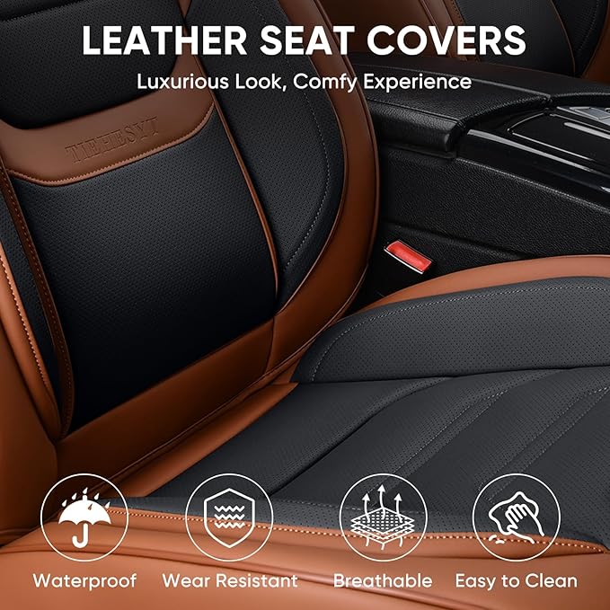 Leather Car Seat Covers Full Set with Lumbar Support, Waterproof Car Seat Cover, Universal Seat Covers for Cars, Trucks, SUVs, Sedans, Airbag Compatible, Front Pair and Rear, Brown&Black