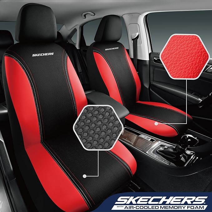 Skechers Memory Foam Seat Covers,Air- Cooled Mesh Thick Car Seat Covers,Leather Seat CoversFull Sets,Airbag Compatible,Automotive Comfort Universal Fit for SUVs,Vans,Sedans,Cars,Trucks,Red