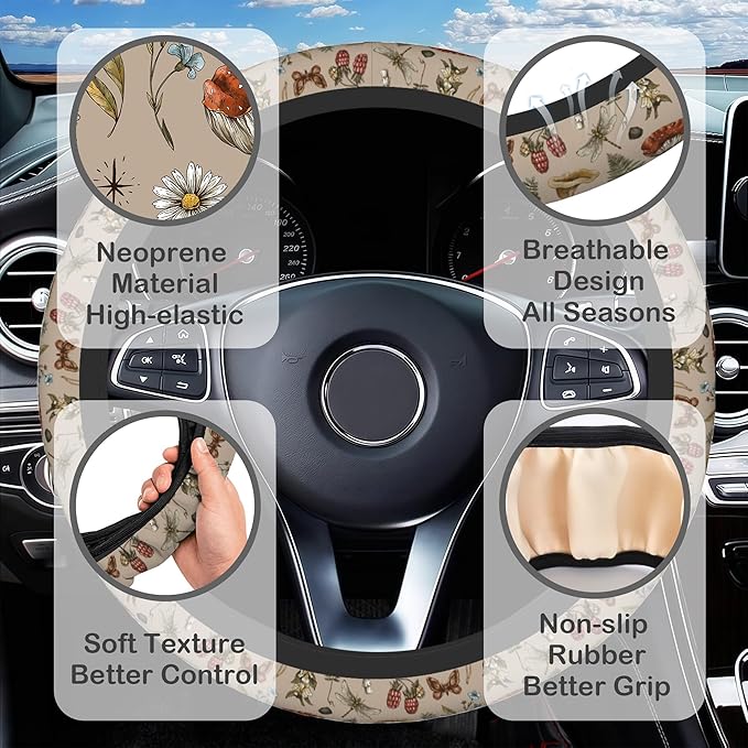 Woodland Fern Mushroom Steering Wheel Cover for Women, Anti-Slip Car Steering Wheel Cover with 2 Pcs Cup Holders Neoprene Breathable Car Accessories Universal 15 Inch Auto Interior Decor