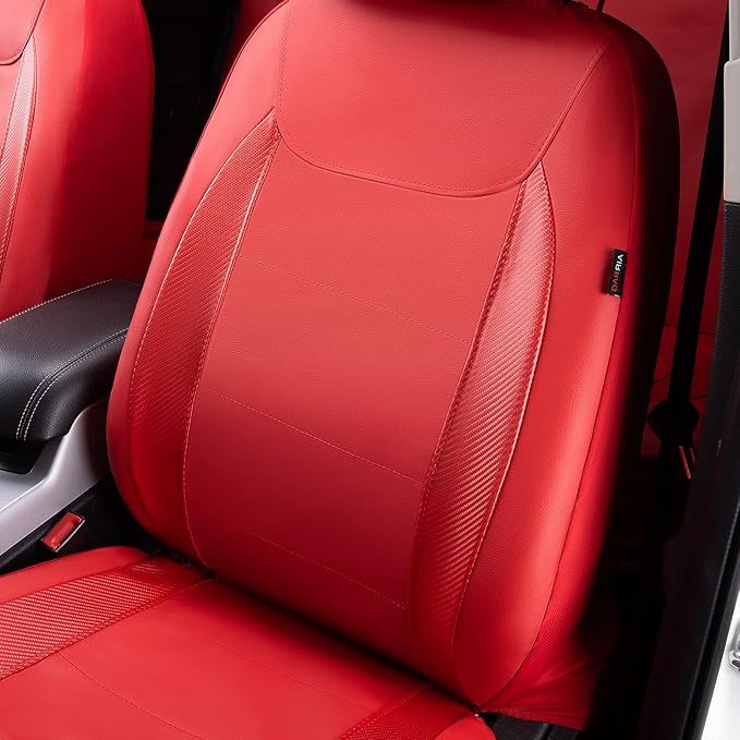 Flying Banner car seat Covers Protects Water Proof Faux Leather Carbon Fiber Fronts Rear Bench Covers (Red Red, Full Set - 8PCS)