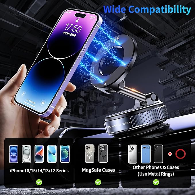 360°Adjustable Vacuum Magnetic Phone Holder for Car [96+LBS Suction & 2800gf Magnetic],Hands-Free Suction Cup Phone Mount for Magsafe,Car Mount for iPhone 17 Pro Max 16 15 14 13 and All Smartphones