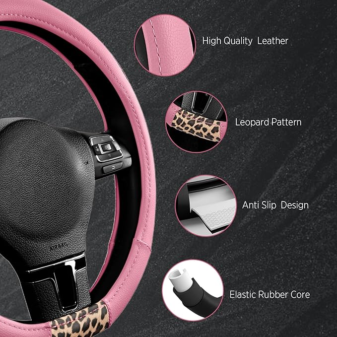 Road Comforts D-Type Steering Wheel Cover - Made with PVC Leather and Leopard Fabric - Universal Fit for 15-Inch D-Shaped Automotive Steering Wheels (Pink Color)