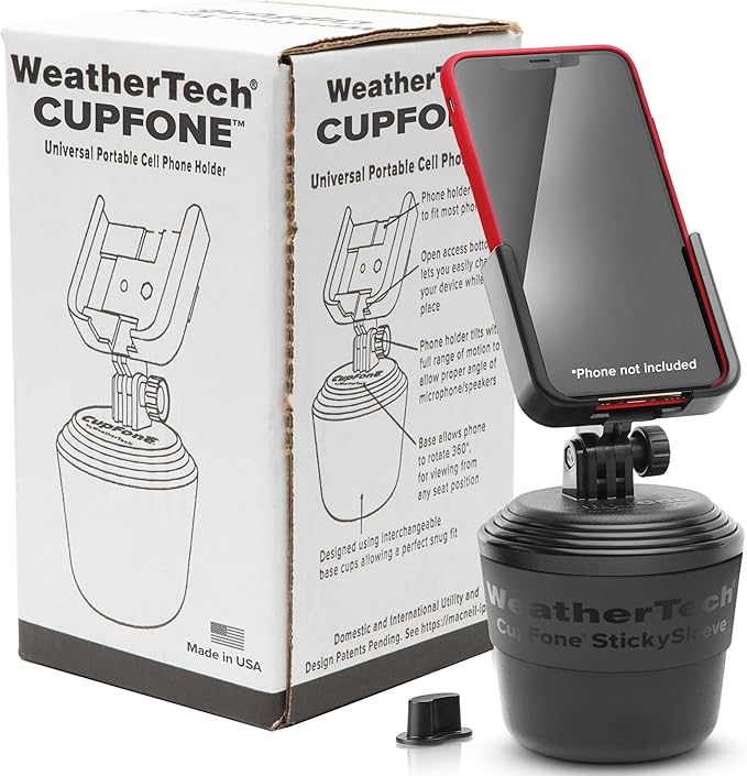 WeatherTech CupFone, Universal Cup Holder Phone Mount for Cars – Adjustable & Secure Fit with Open Access for Charging – Compatible with iPhone, Android - Plastic Knobs, Black