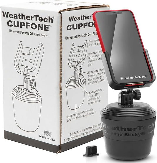 WeatherTech CupFone, Universal Cup Holder Phone Mount for Cars – Adjustable & Secure Fit with Open Access for Charging – Compatible with iPhone, Android - Plastic Knobs, Black
