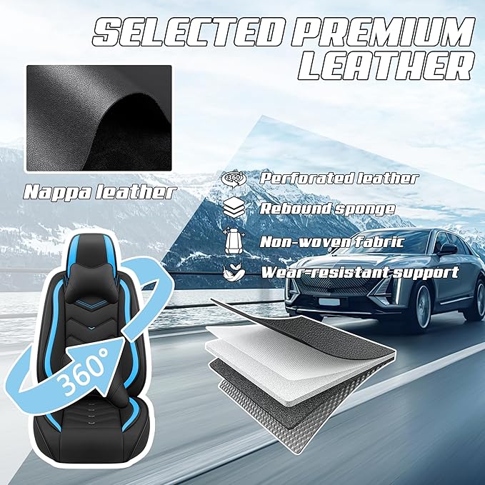 Car Seat Covers Fit for Toyota Camry 2000-2025, Stylish Sport Seat Covers, Waterproof Wear-Resistant Premium Nappa Leather Car Seat Cover.(Full Set with Pillow/Black Blue)