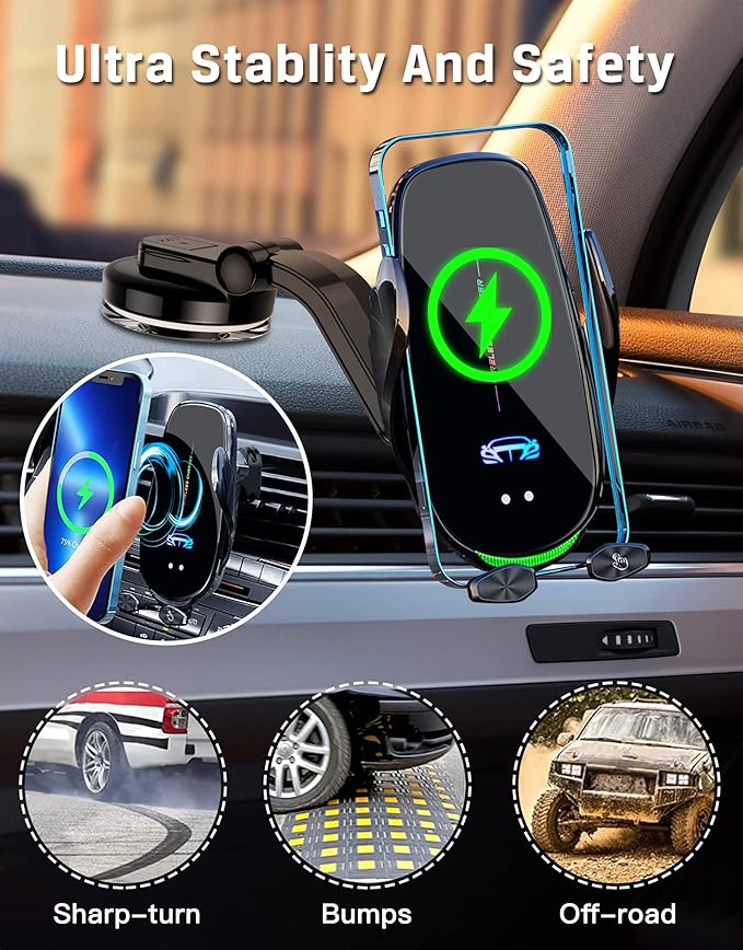 Wireless Car Charger Mount, Fast Charging Auto Clamping 15W Intelligent Dual Control Induction Car Phone Holder Mount Wireless Charging Compatible with All iPhone Android Smartphone