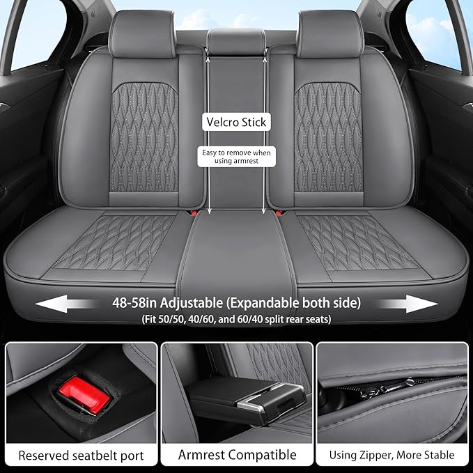 WELLDO Car Seat Covers Full Set, Premium Nappa Leather Seat Covers for Car, Waterproof Car Seat Protector with Lumbar Support, Automotive Seat Covers Universal Fit for Most Cars SUV Truck,Gray,w02.