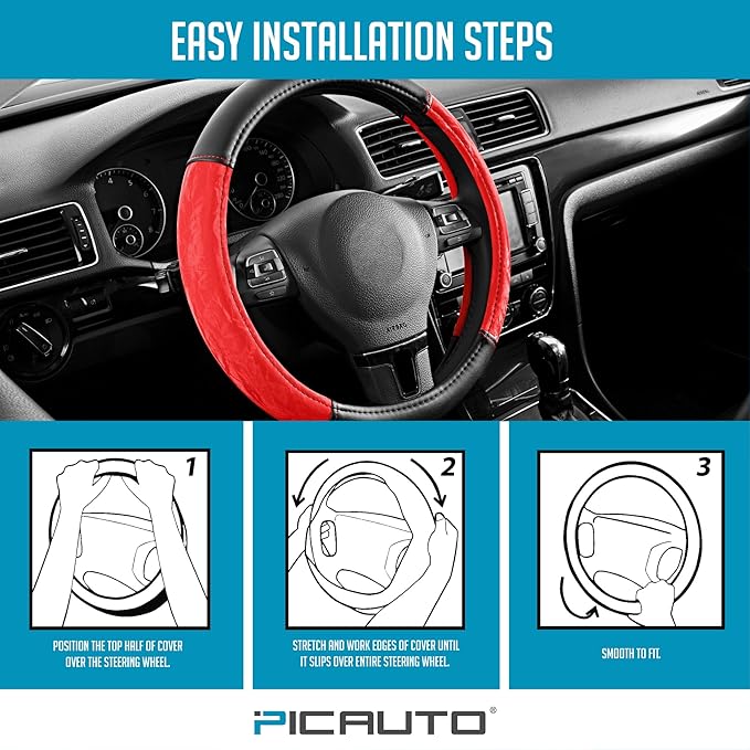 PIC AUTO Steering Wheel Cover, Silk Grain Leather Car Steering Wheel Protector, Comfortable Grip, Universal 14.5-15.5 Inch Anti-Slip Steering Wheels Accessories for Men & Women (Red)