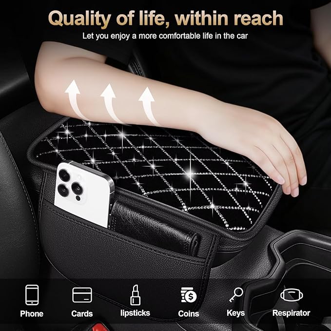 Car Armrest Cover Fit for Highlander Diamond Rhinestone Bling Center Console Cover with 2 Storage Bags Leather Arm Rest Cover Pad Protector(Black)