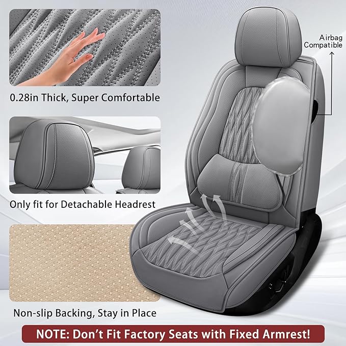 WELLDO Car Seat Covers Full Set, Premium Nappa Leather Seat Covers for Car, Waterproof Car Seat Protector with Lumbar Support, Automotive Seat Covers Universal Fit for Most Cars SUV Truck,Gray,w02.