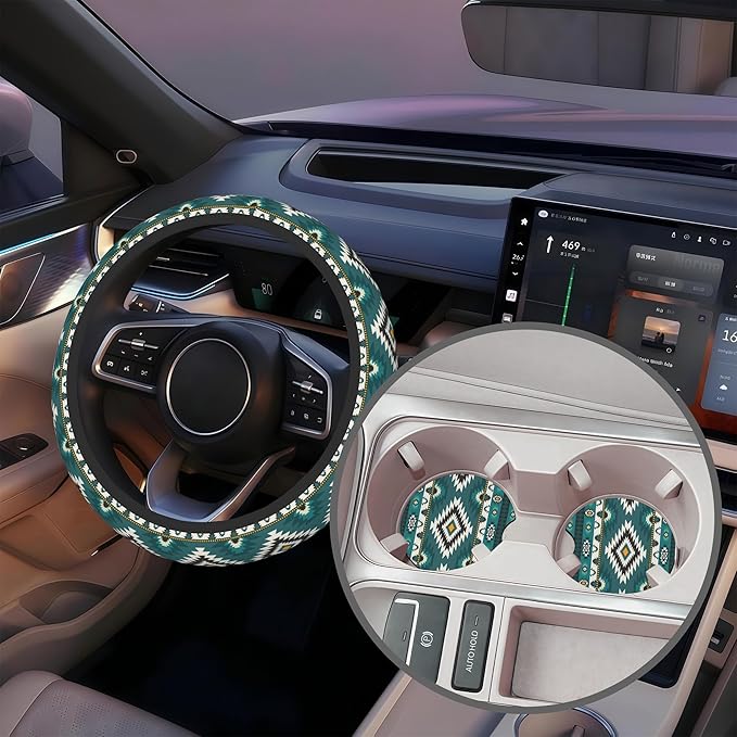 Green Tribal Geometric Steering Wheel Cover for Women, Anti-Slip Car Steering Wheel Cover with 2 Pcs Cup Holders Neoprene Breathable Car Accessories Universal 15 Inch Auto Interior Decor