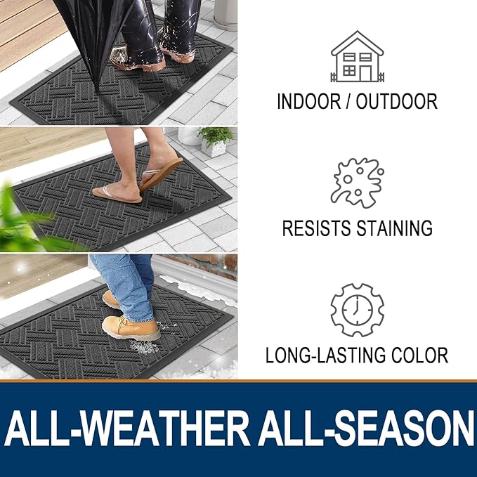 OLANLY Indoor Outdoor Mat, Sturdy Natural Rubber Floor Mat, Non Slip Low Profile Waterproof Doormat, and Stain Front Door Mats, Easy Clean Patio Entrance Mat, 30''x17'', Light Grey