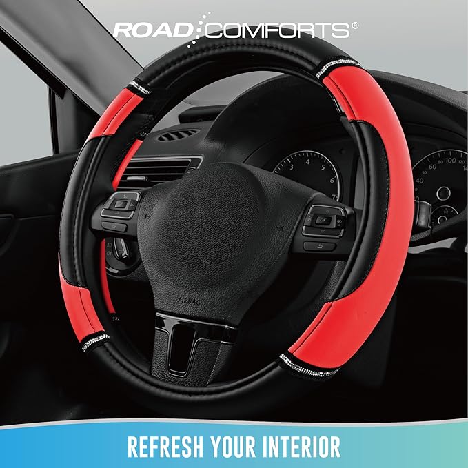 Road Comforts Leather Steering Wheel Cover - Made with PVC Leather - Anti-Slip, Universal Fit 14 1/2 inches to 15 inches - Red