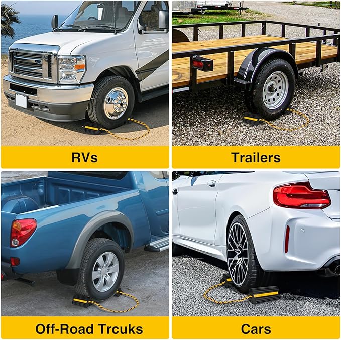 Nilight Wheel Chocks RV Car Heavy Duty Rubber Tire Chock Blocks Stopper Yellow Reflective Strips Stabilizer 2 Pack with Rope for RVs Cars Travel Trailers Campers Trucks Motorcycle Accessories Parking