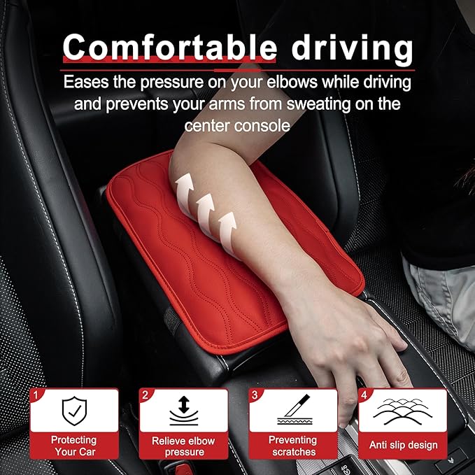 Amiss Auto Center Console Pad, Universal Waterproof Car Armrest Seat Box Cover, Car Interior Accessories, Leather Auto Armrest Cover Protector for Most Vehicle, SUV, Truck, Car (Red)