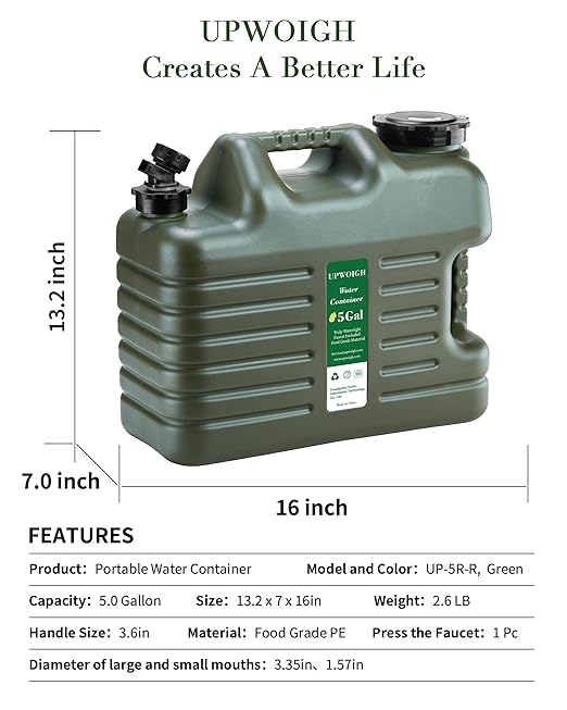 UPWOIGH 5 Gallon Water Jug, Camping Water Container,Truly No Leakage Water Storage,Large Military Green Water Tank,BPA Free Portable Emergency Water Containers for Outdoors Hiking Accessories