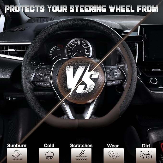 SEG Direct D Shaped Steering Wheel Cover for 14.5-15 inch Flat Bottom Wheels, Breathable Perforated Microfiber Leather, Anti-Slip Grip, Universal Fit for Cars & SUVs, Black and Brown