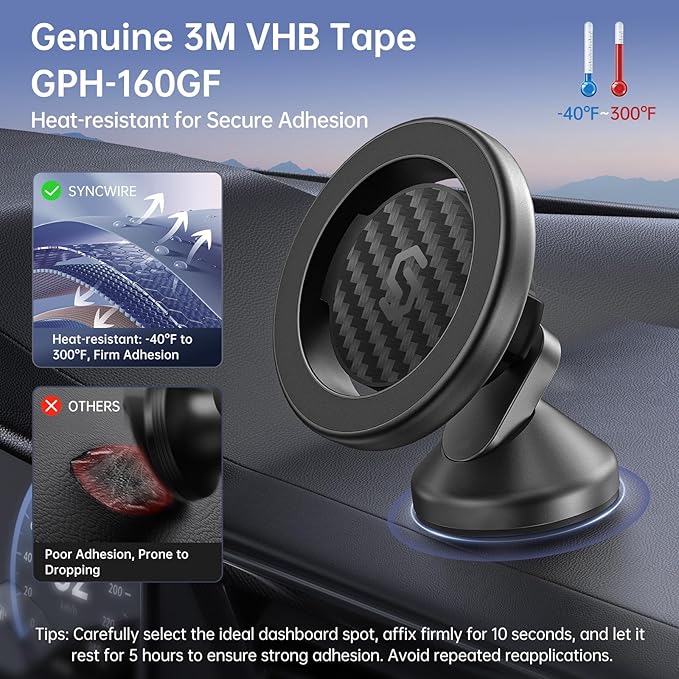 SYNCWIRE MagSafe Car Mount - Flexible Rotation Magnetic Phone Holder for Dash, Strong Magnets, Universal Compatible iPhone, Samsung, Pixel - MagSafe Car Accessories