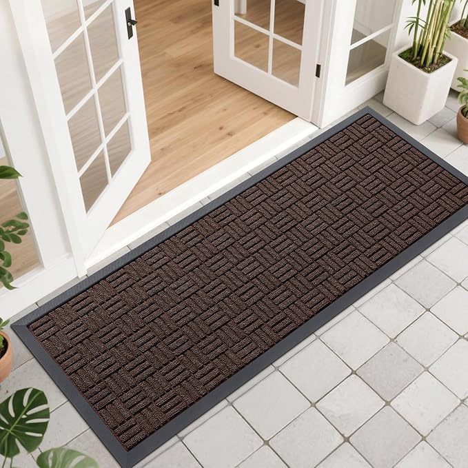 OLANLY Front Door Mat Outside Entrance 47x17, Absorbent, Heavy Duty Sturdy Natural Rubber Doormat Indoor Outdoor, Stain and Fade Resistant, Non-Slip Backing Low Profile Floor Mat for Entryway, Brown