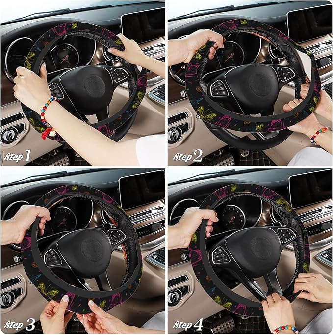 Abstract Neon Colorful Butterfly Steering Wheel Cover, Elastic Non-Slip Steering Wheel Protector,Auto Interior Decor for Women Girls,Universal 15" Fit for Sedans,Trucks