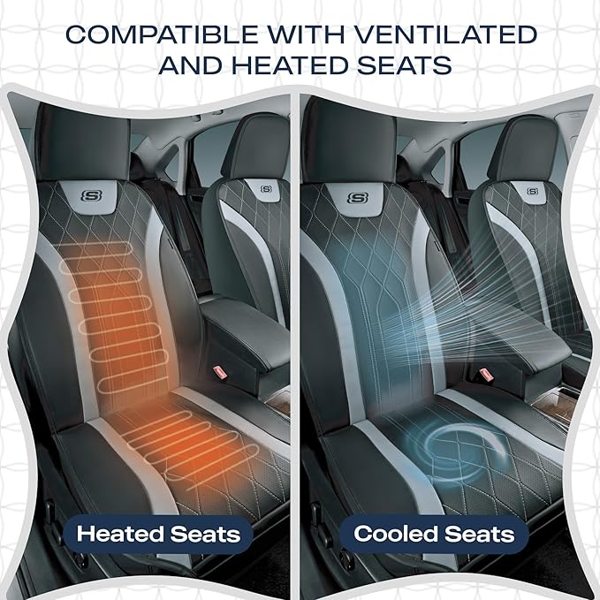 Skechers MAX Cushioning Car Seat Covers,Memory Foam Leather Car Seat Protectors, Airbag Safe Waterproof Sideless Front Seat Covers with Storage Pocket,Universal Fit for Cars Trucks SUV, Gray 2PCS