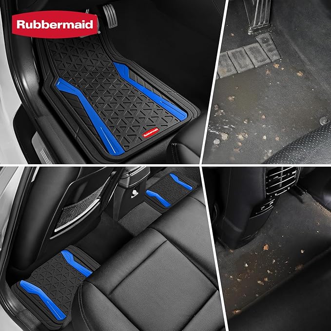 Rubbermaid Car Floor Mats Full Set, Premium Heavy Duty All-Weather Car Mats– Rugged Rubber with Brushed Aluminum Inserts, Universal Trim-to-Fit, Anti-Slip Backing for Cars, SUVs, Trucks & Vans - Blue