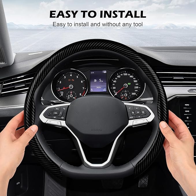 frani Leather Steering Wheel Cover, Universal 15 Inch Premium Non-Slip Steering Wheel Cover Black Carbon Fiber Texture