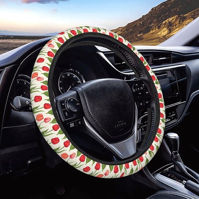 Tulips Flower Steering Wheel Covers Anti-Slip Elasticity Car Accessories Steering Wheel Protector Universal 15 Inch for Cars SUV Vehicle Truck