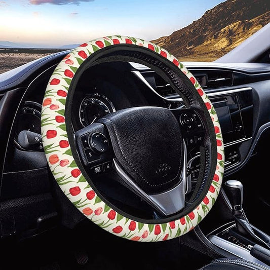 Tulips Flower Steering Wheel Covers Anti-Slip Elasticity Car Accessories Steering Wheel Protector Universal 15 Inch for Cars SUV Vehicle Truck