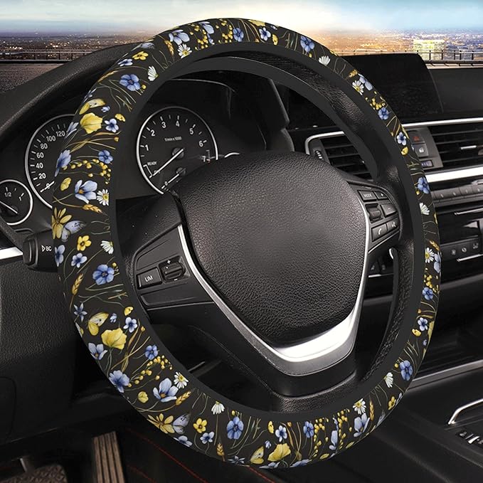 Wildflowers Butterfliese Steering Wheel Cover for Women, Universal 15 inch Breathable Anti Slip Steering Wheel Covers for Cars, Auto, SUVs