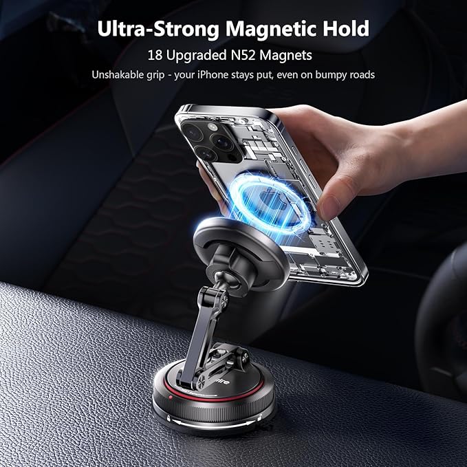 SYNCWIRE for MagSafe Car Mount [3-Axis] Nano Adhesive Gel + Strong Suction Cup Magnetic Phone Holder for Dashboard & Windshield, 360° Adjustable for iPhone 17 16 15 14 13 12, Samsung, Carbon Fiber