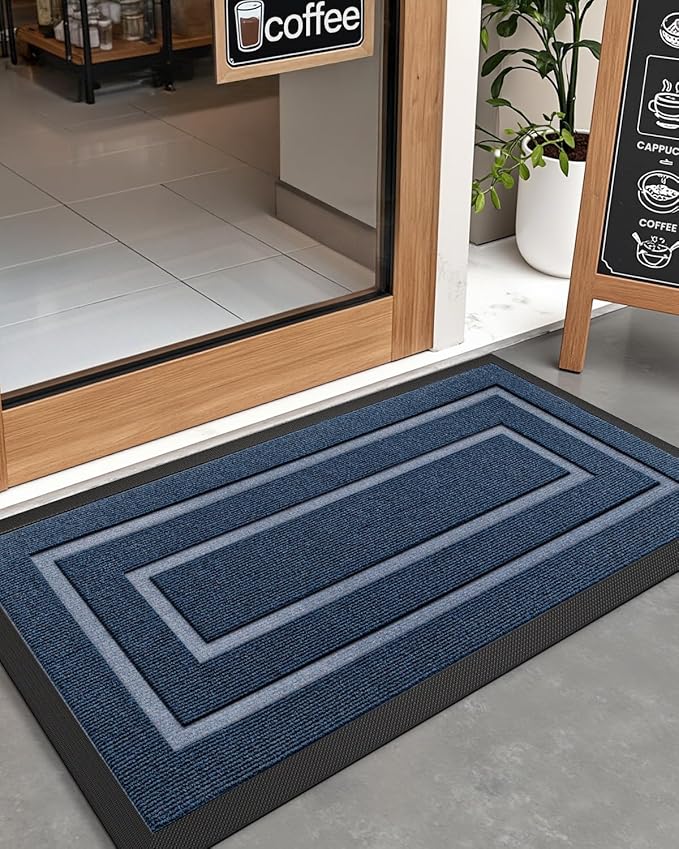DEXI Front Door Mat Outside Entrance, Heavy Duty Rubber Backed Doormat, Stain and Fade Resistant, Low-Profile Easy Clean Entryway Floor Mats, 4x2, Rectangles Navy