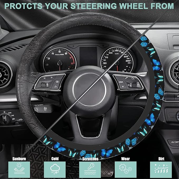 Watercolor Blue Butterfly Steering Wheel Cover for Women Men,Anti-Slip Breathable Car Steering Wheel Cover Elastic Protection with 2 Pieces Car Coasters,Universal 15" Fit Auto,Suvs,Truck