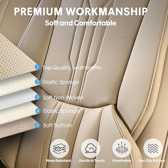 AOOG Seat Covers Custom Fit for Dodge Ram 1500/2500/3500 2002-2025 Faux Leather Seat Cover Set Compatible with Crew, Regular, Quad, Mega Cab, Car Truck Cushions (Beige, Curved Rear, Full Set)