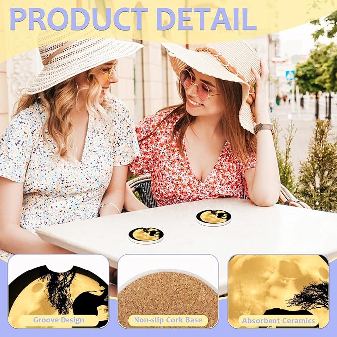 2 Pack Car Cup Holder Coaster-Elephant Full Moon Absorbent Ceramic Coaster, Car Coasters for Cup Holders,Auto Accessories for Women & Men