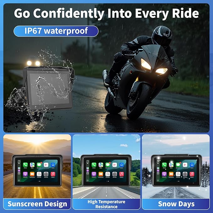 Motorcycle CarPlay Screen 7", Waterproof GPS Display for Motorbike, Wireless CarPlay & Android Auto para Moto, Dual Bluetooth, Touchscreen, Music Sharing Siri (7" CarPlay + Dual Camera)