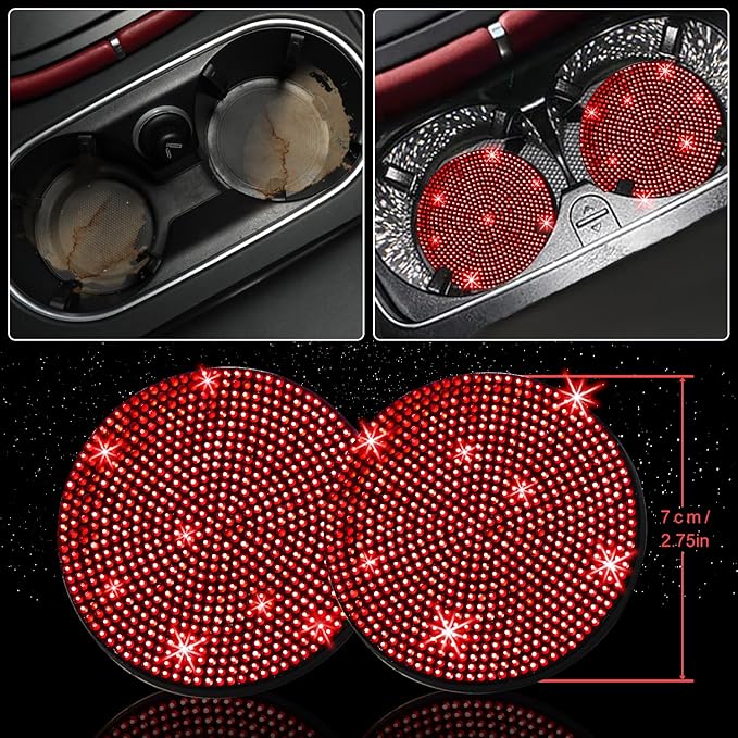 NBTEPEM 27 PCs Red Bling Car Accessories Set for Women, Steering Wheel Covers Universal Fit 15 Inch, Bling License Plate Frame, Bling Phone Holder, Bling Car Coasters (Red Diamond)