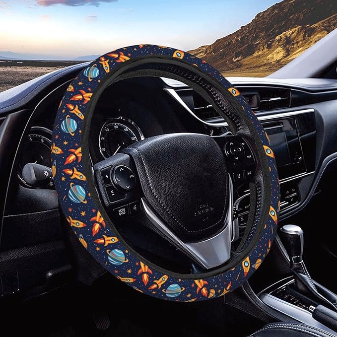 Rockets Planets Space Steering Wheel Covers Anti-Slip Elasticity Car Accessories Steering Wheel Protector Universal 15 Inch for Cars SUV Vehicle Truck