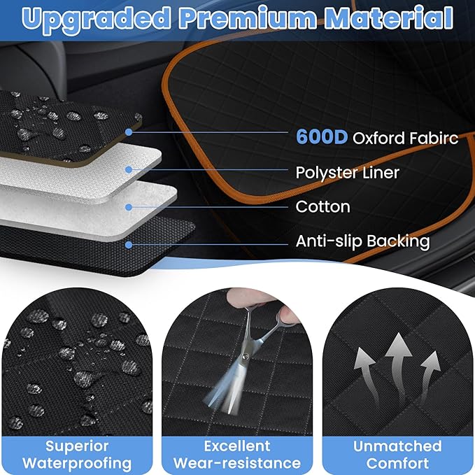 Dog Car Seat Covers, Waterproof Front Seat Cover for Dogs, Scratch-Proof, Nonslip Pet Passenger Seat Cover Protector, Universal Fit for Cars Trucks SUVs, Large Size, Black with Orange