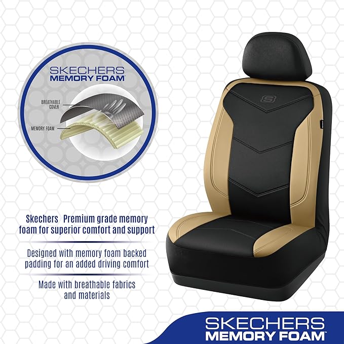 Skechers Memory Foam Seat Covers,Leather Car Seat Covers, Ultimate Comfort & Support Front Seat Covers Airbag Compatible, Automotive Universal Fit Most for SUVs, Vans, Sedans, Cars, Trucks,Beige