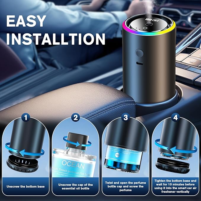 Smart Car Air Freshener Diffuser with 100ml Essential Oils,Car Aroma Diffuser New Smell Long Lasting Lasts 6 Months, RGB Music Syncing Light, Auto On/Off Intelligent, 5 Adjustable Rechargeable