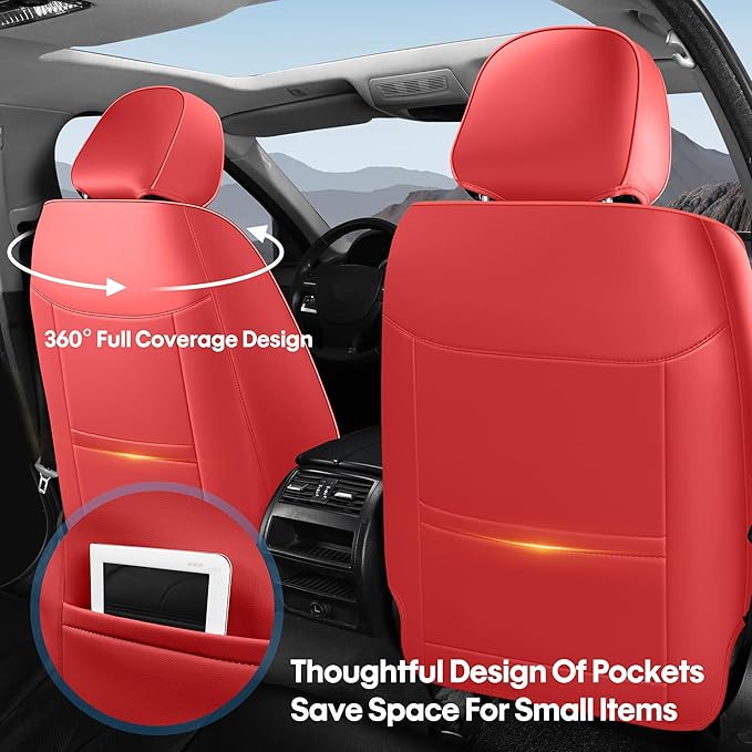 AOOG Car Seat Covers Full Set, Leather Seat Covers for Car, Waterproof Car Seat Protector with Lumbar Support, Automotive Seat Covers Universal Fit for Most Cars SUV Trucks (Full Set, Red)