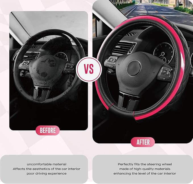 Road Comforts Leather Steering Wheel Cover – Black & Hot Pink, Universal Fit 14.5-15 Inch, Microfiber Leather, Anti-Slip & Breathable Design for Men and Women