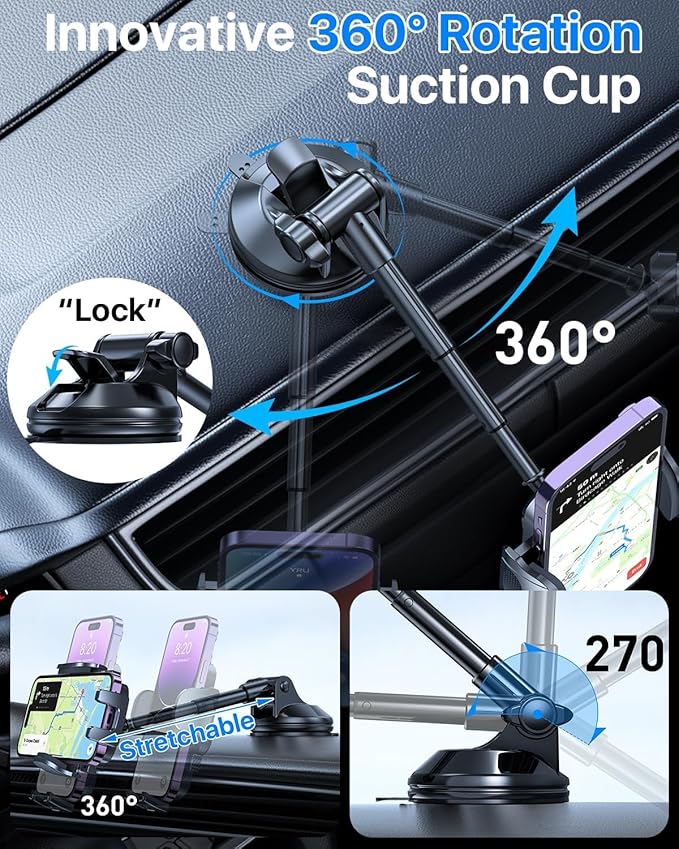 [2025 True Military-Grade] Car Phone Holder [Upgraded Strongest Suction & Clip] Cell Phone Mount for Dashboard Windshield Vent,Truck Cradle Stand for iPhone 16 Pro Max Samsung Android (‌Charcoal Grey)